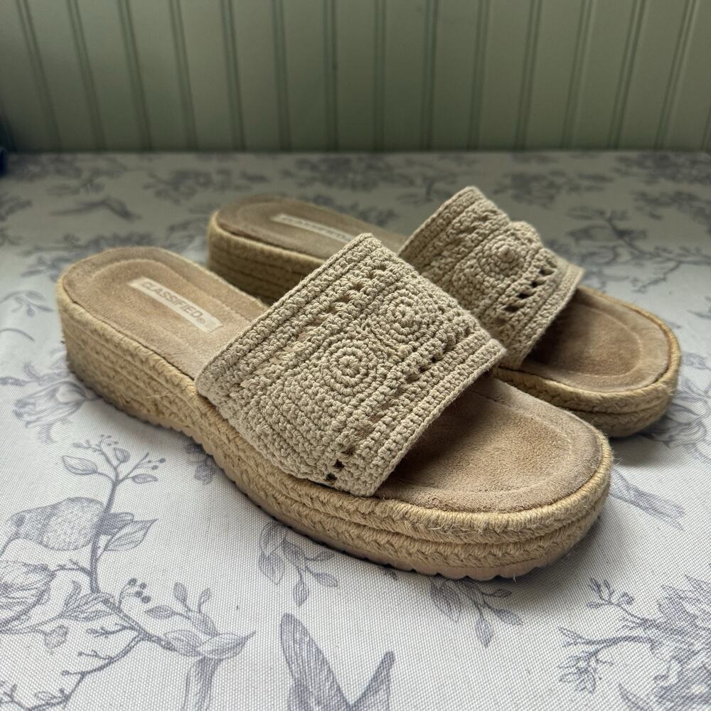 Y2K Platform Slide Sandals Women's 9  Espadrille Jute Beige Crochet Strap